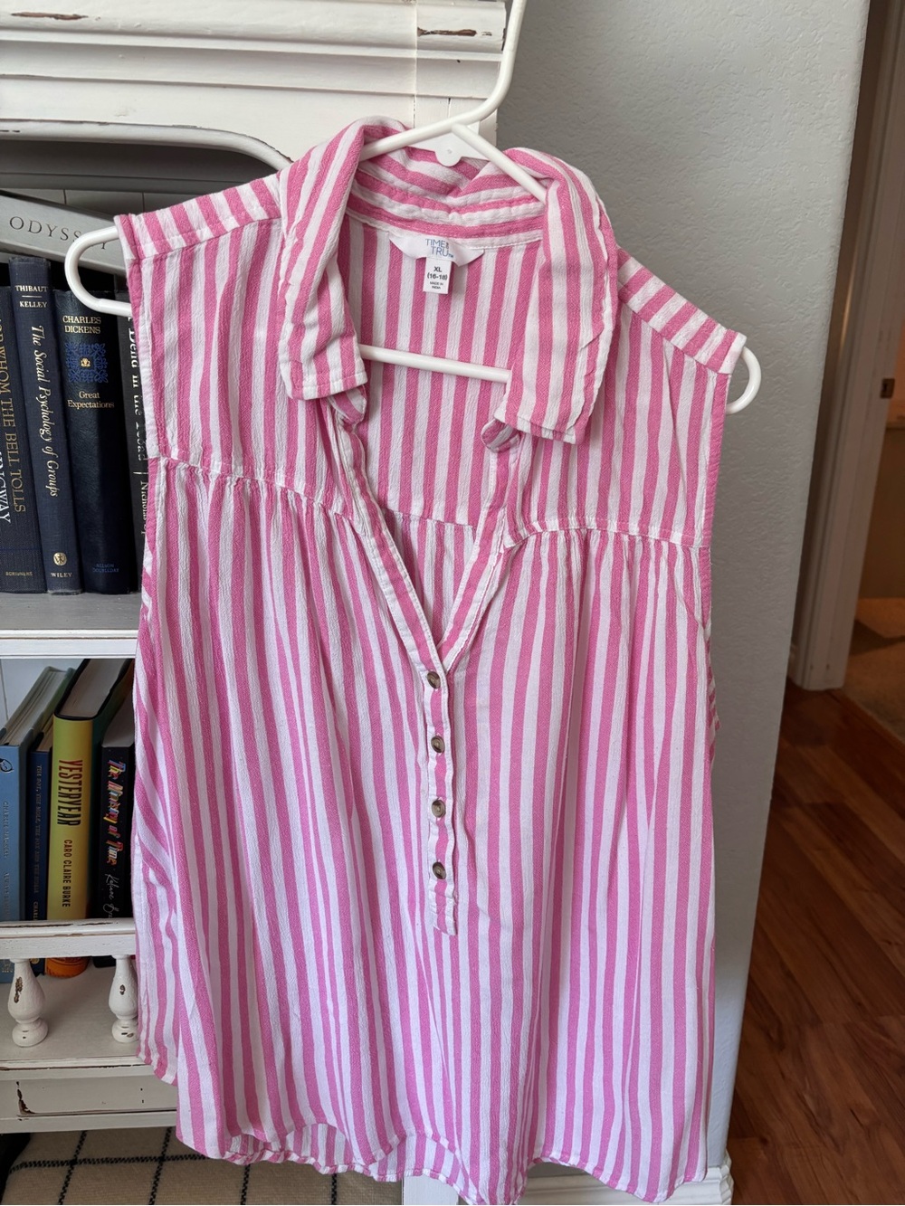Time and Tru Pink and White Striped Sleeveless Button-Up Blouse